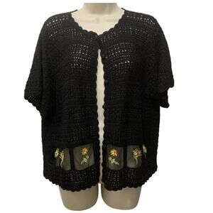 Teddi Black Crochet Cardigan 2X Floral Embroidered Mesh Boho Cottagecore